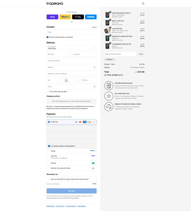 Tropeaka checkout page showing Tropeaka discount code box | Screenshot taken by SimplyCodes community member on Sep 8, 2025