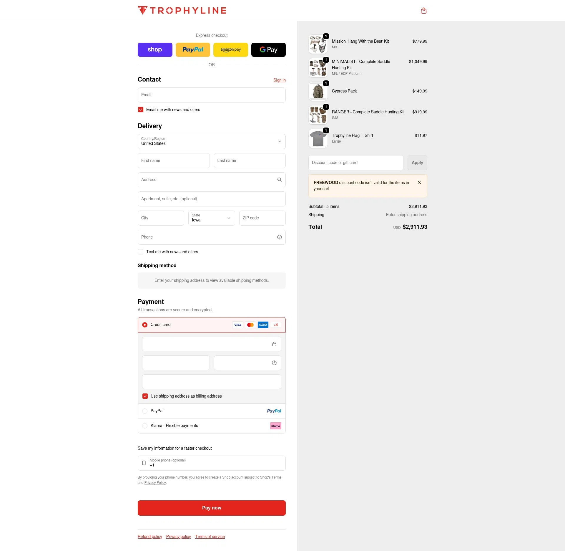 Trophyline checkout page showing Trophyline discount code box | Screenshot taken by SimplyCodes community member on Feb 14, 2026