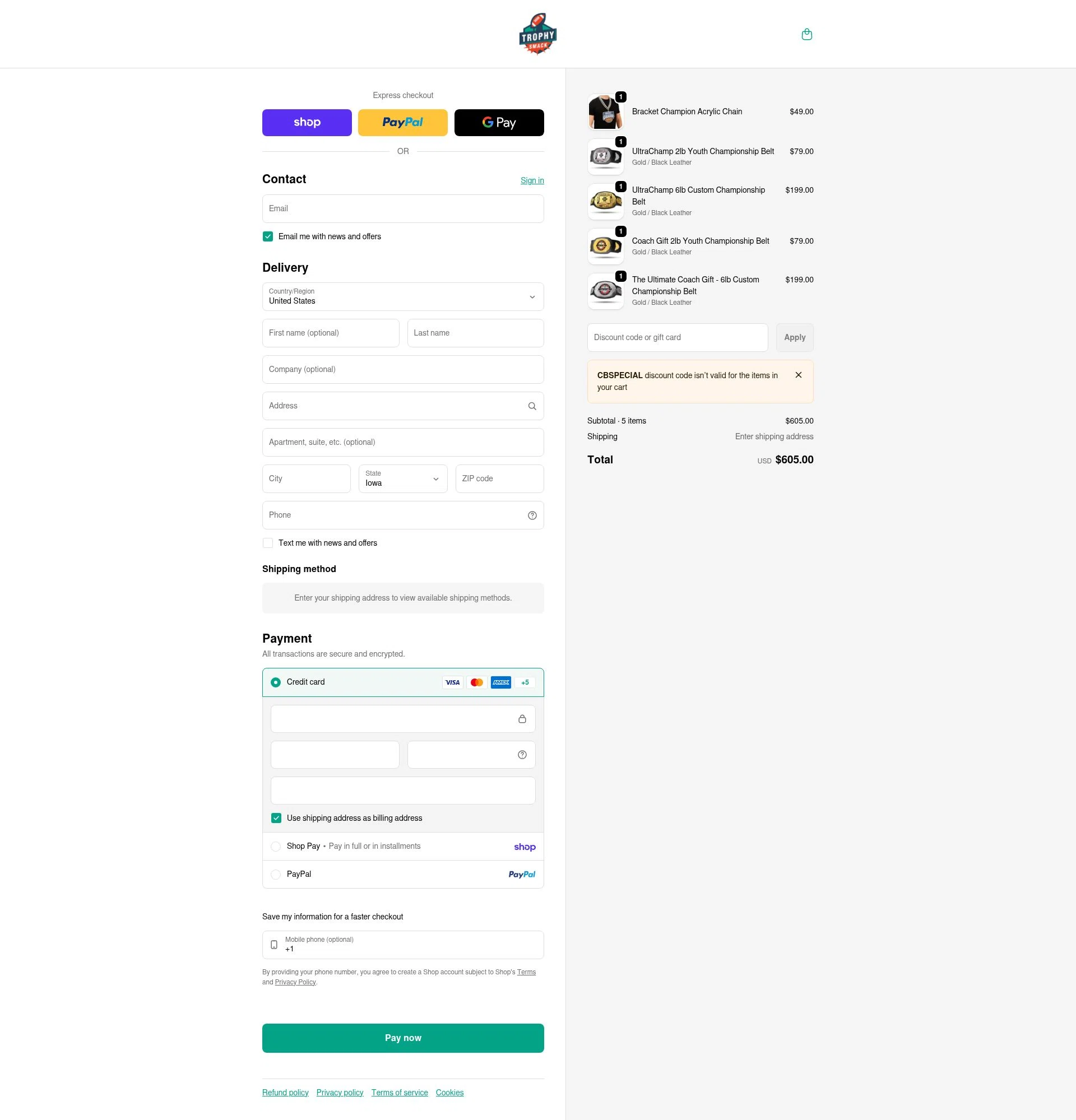TrophySmack checkout page showing TrophySmack discount code box | Screenshot taken by SimplyCodes community member on Feb 19, 2026