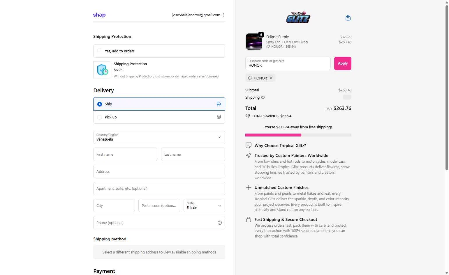 Tropical Glitz checkout page showing Tropical Glitz discount code box | Screenshot taken by SimplyCodes community member on Nov 11, 2025