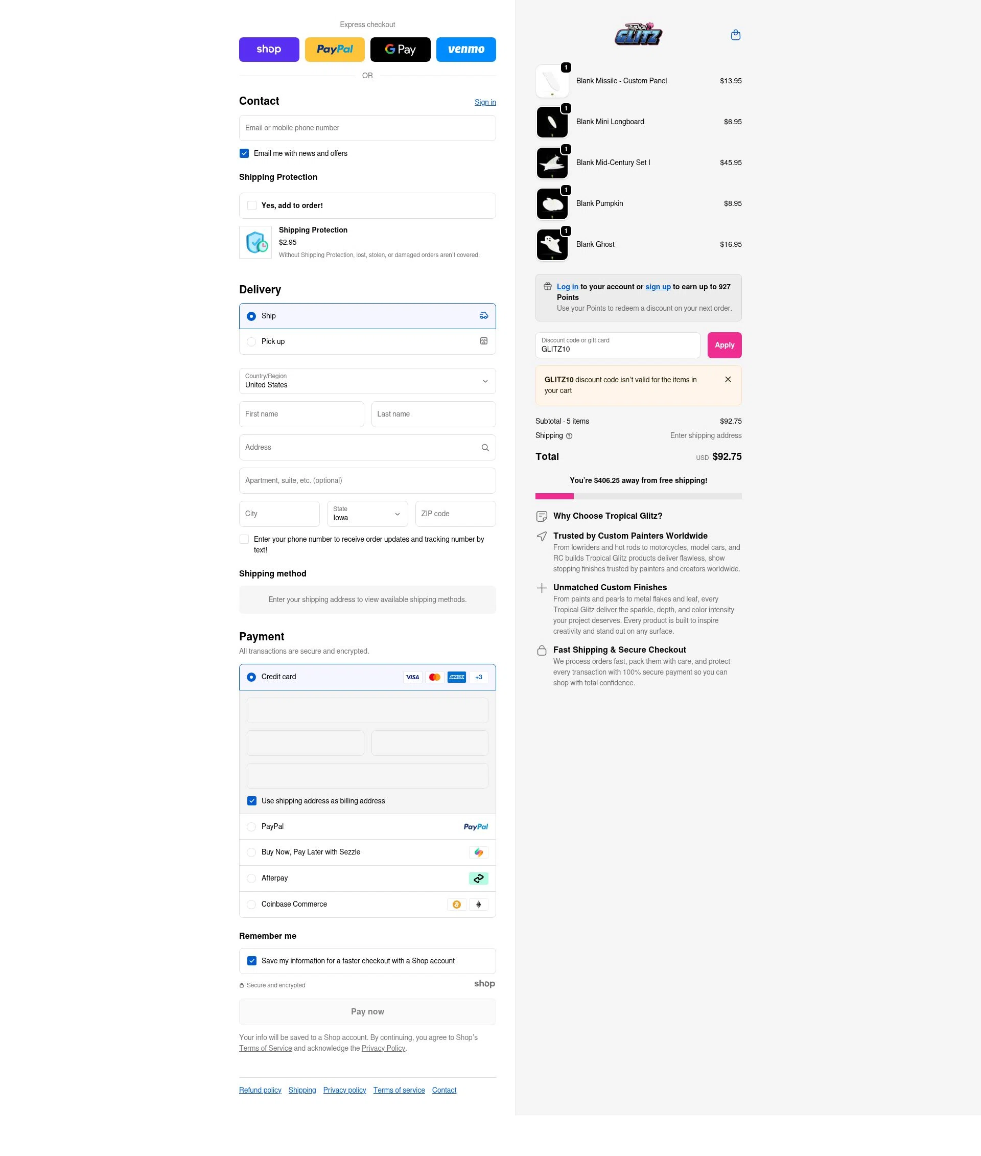 Tropical Glitz checkout page showing Tropical Glitz discount code box | Screenshot taken by SimplyCodes community member on Nov 4, 2025