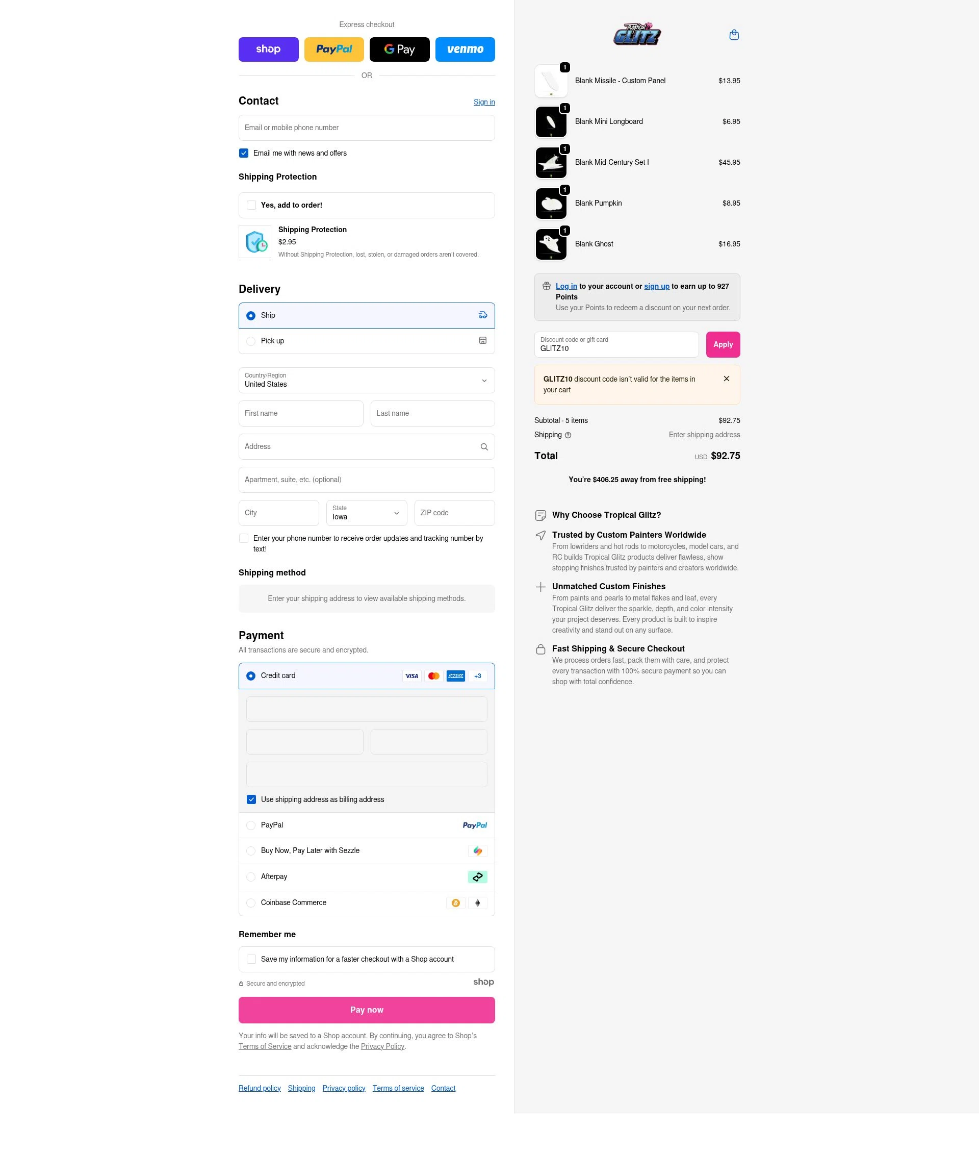Tropical Glitz checkout page showing Tropical Glitz discount code box | Screenshot taken by SimplyCodes community member on Nov 10, 2025