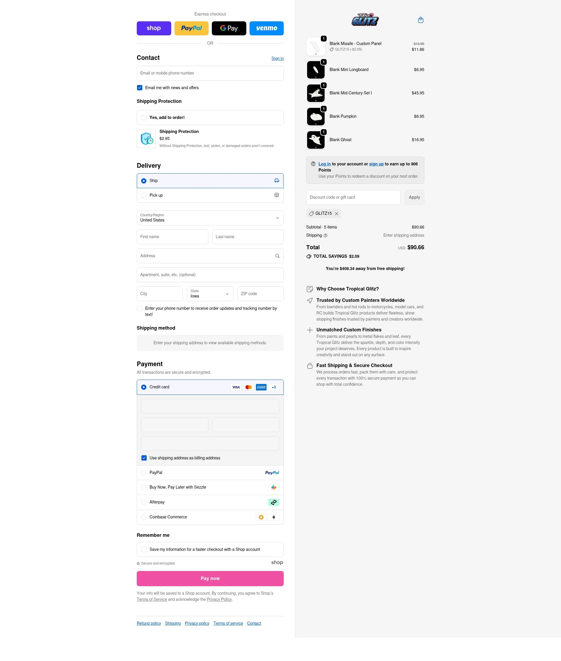 Tropical Glitz checkout page showing Tropical Glitz discount code box | Screenshot taken by SimplyCodes community member on Nov 20, 2025