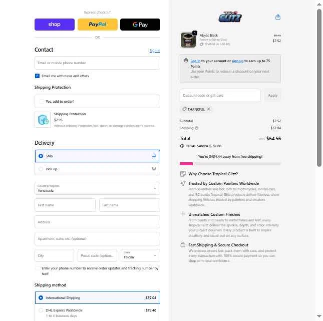 Tropical Glitz checkout page showing Tropical Glitz discount code box | Screenshot taken by SimplyCodes community member on Nov 28, 2025
