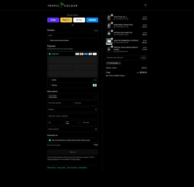 Tropic Colour checkout page showing Tropic Colour discount code box | Screenshot taken by SimplyCodes community member on Sep 4, 2025