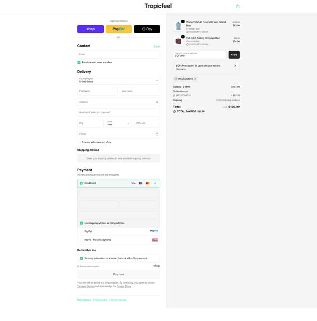 Tropicfeel checkout page showing Tropicfeel discount code box | Screenshot taken by SimplyCodes community member on Oct 6, 2025