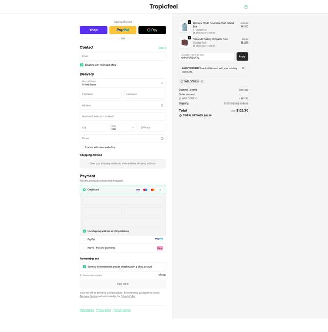 Tropicfeel checkout page showing Tropicfeel discount code box | Screenshot taken by SimplyCodes community member on Oct 2, 2025