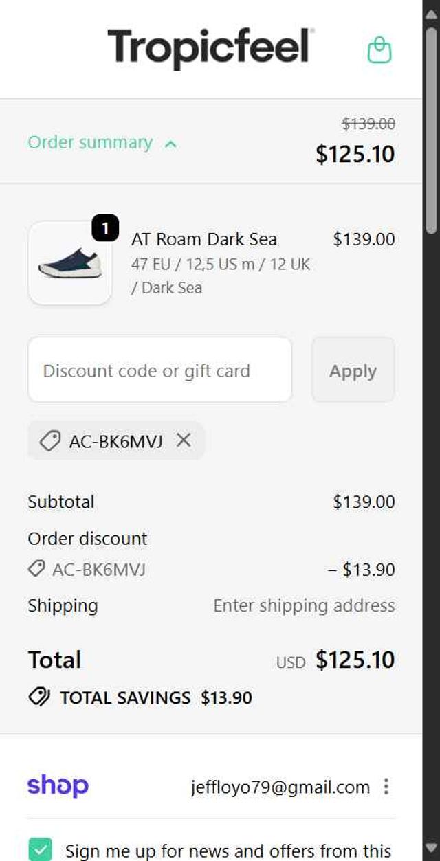 Tropicfeel checkout page showing Tropicfeel discount code box | Screenshot taken by SimplyCodes community member on Oct 3, 2025