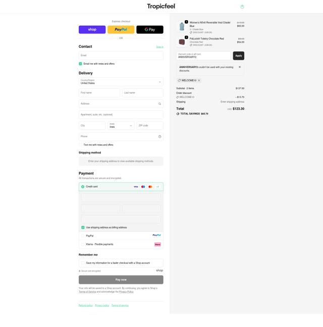 Tropicfeel checkout page showing Tropicfeel discount code box | Screenshot taken by SimplyCodes community member on Oct 6, 2025