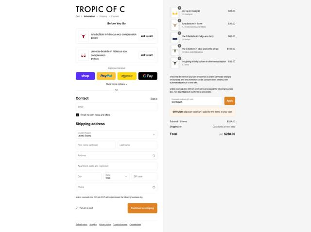 Tropic of C checkout page showing Tropic of C discount code box | Screenshot taken by SimplyCodes community member on Sep 11, 2025