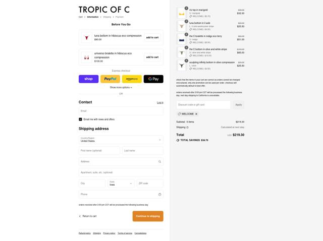 Tropic of C checkout page showing Tropic of C discount code box | Screenshot taken by SimplyCodes community member on Sep 7, 2025