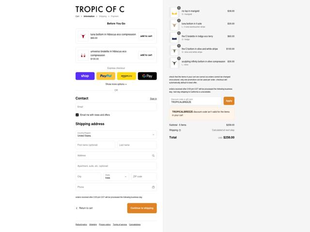 Tropic of C checkout page showing Tropic of C discount code box | Screenshot taken by SimplyCodes community member on Sep 11, 2025