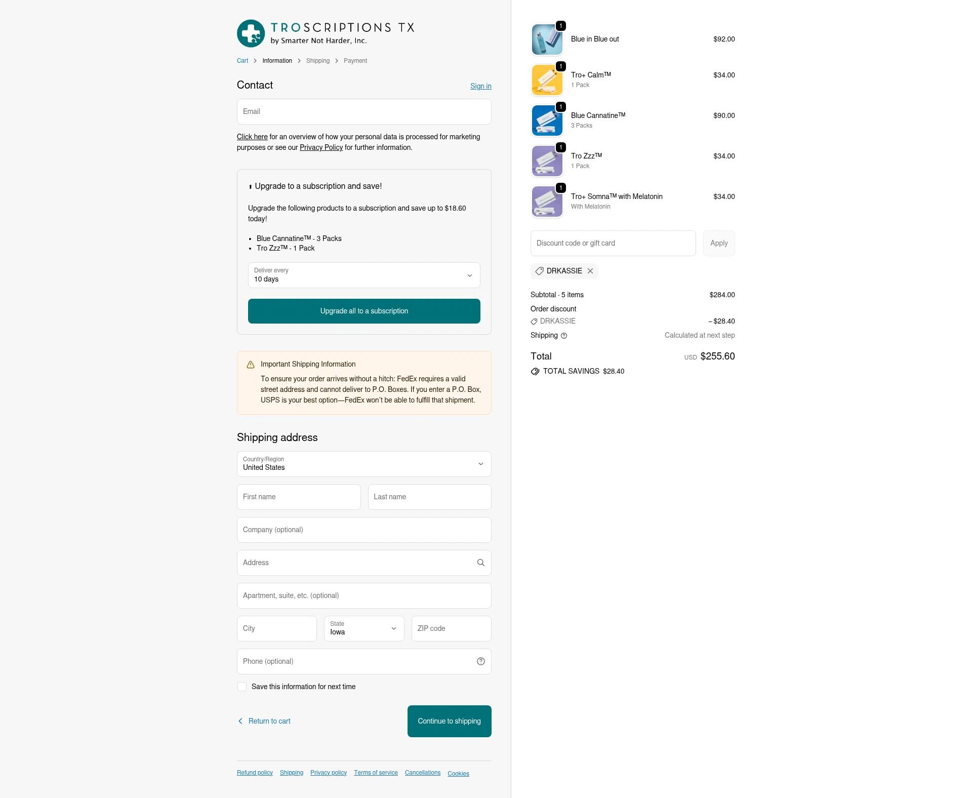 Troscriptions checkout page showing Troscriptions discount code box | Screenshot taken by SimplyCodes community member on Feb 13, 2026
