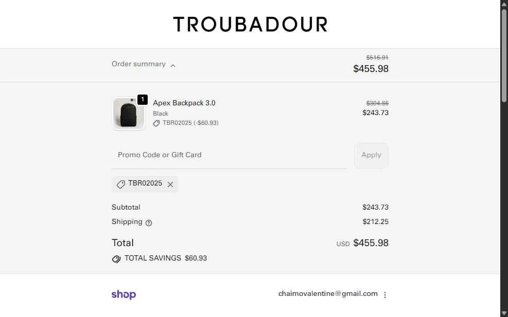 Troubadour Goods checkout page showing Troubadour Goods discount code box | Screenshot taken by SimplyCodes community member on Feb 6, 2026