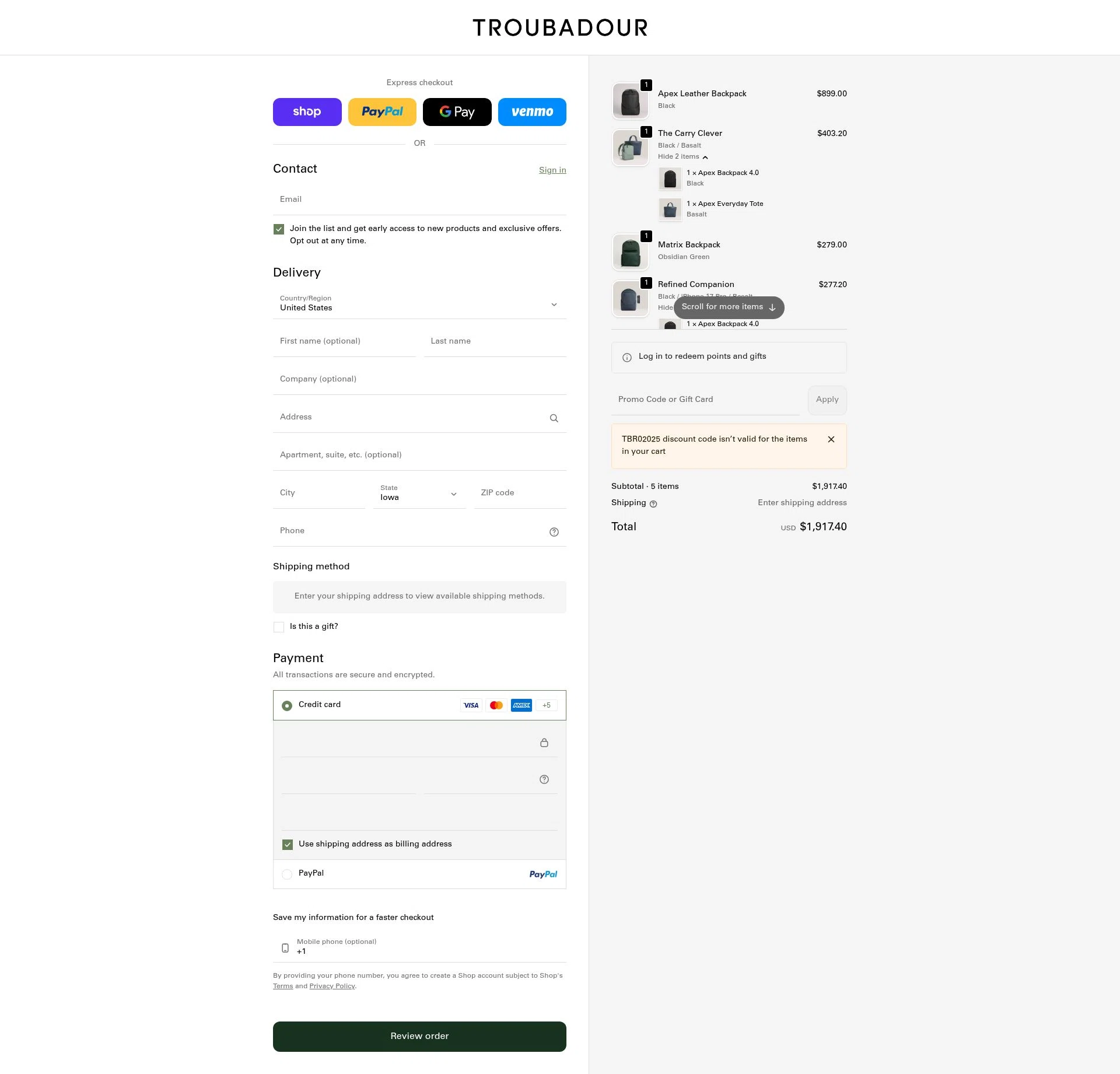 Troubadour Goods checkout page showing Troubadour Goods discount code box | Screenshot taken by SimplyCodes community member on Feb 1, 2026