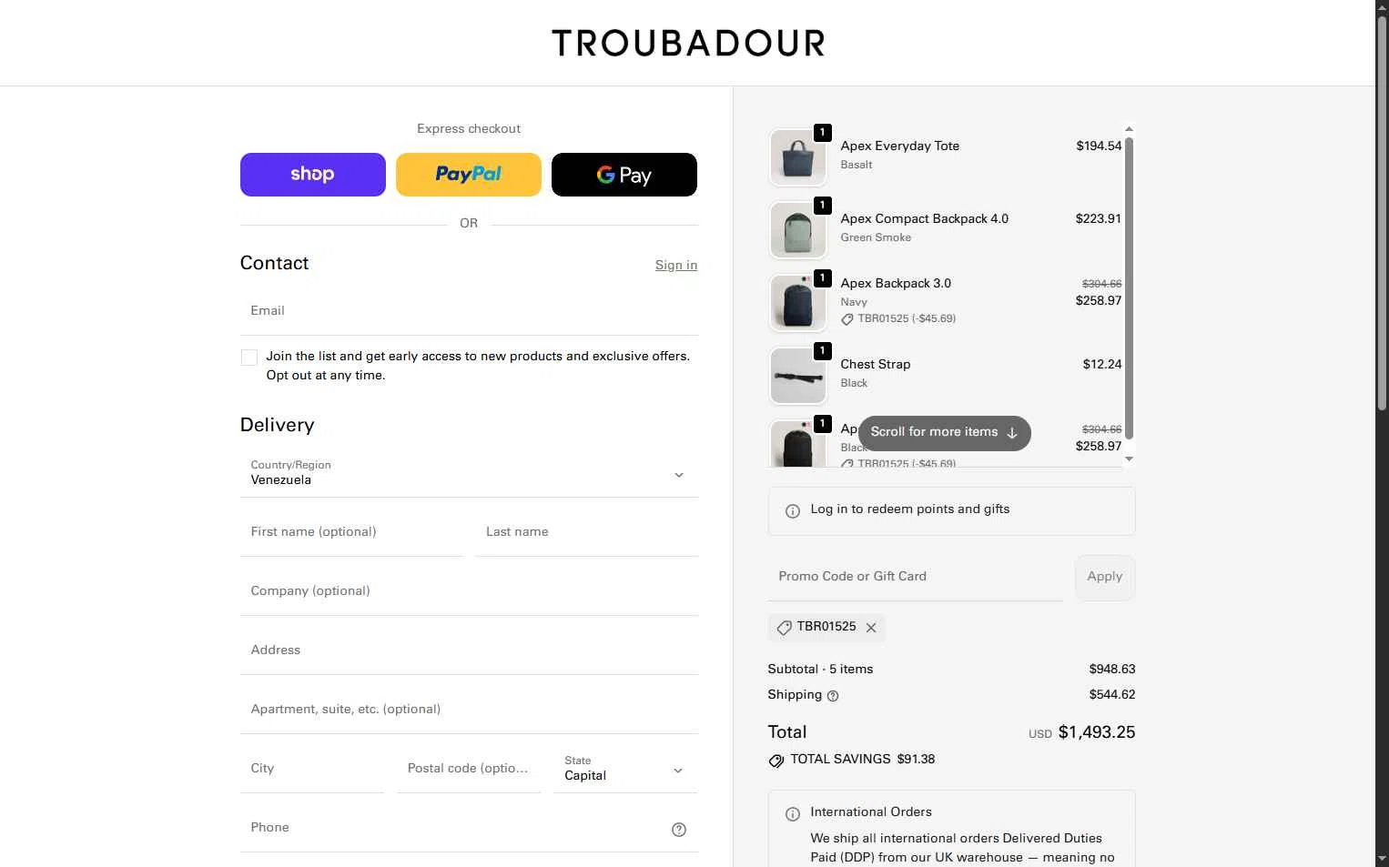Troubadour Goods checkout page showing Troubadour Goods discount code box | Screenshot taken by SimplyCodes community member on Jan 26, 2026