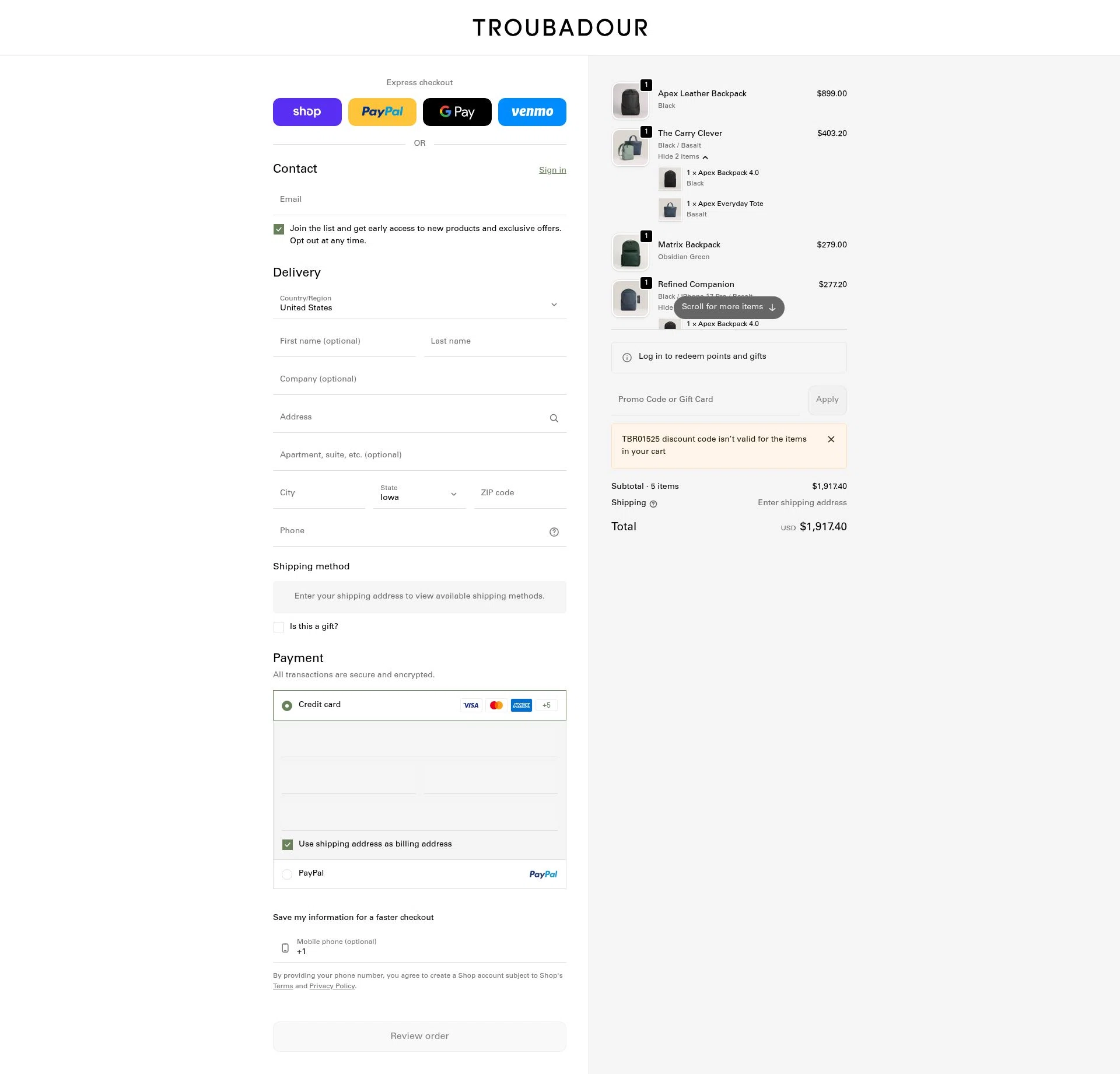 Troubadour Goods checkout page showing Troubadour Goods discount code box | Screenshot taken by SimplyCodes community member on Feb 1, 2026
