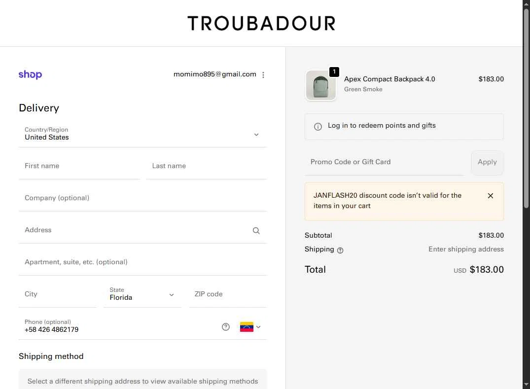 Troubadour Goods checkout page showing Troubadour Goods discount code box | Screenshot taken by SimplyCodes community member on Jan 24, 2026