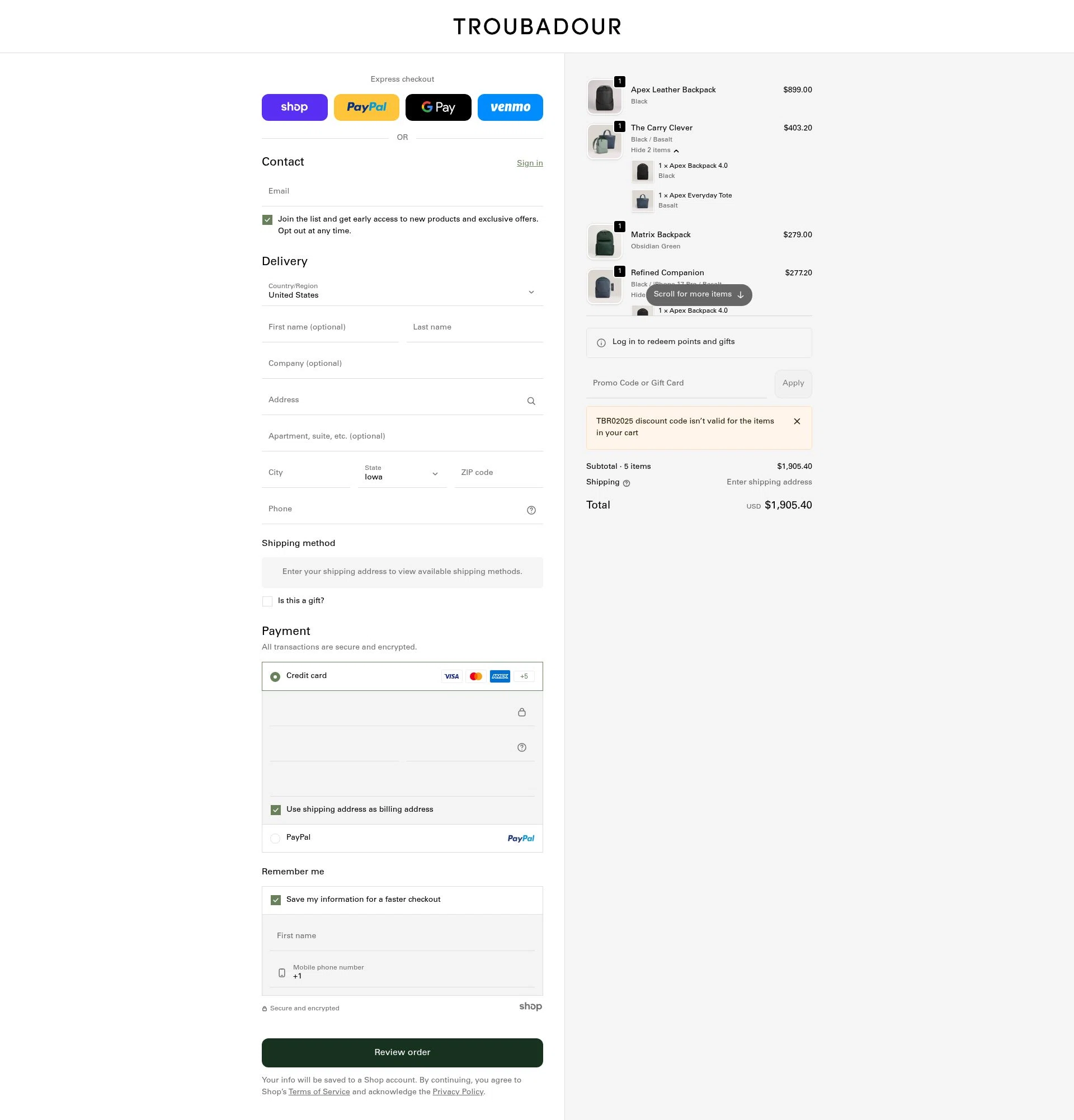 Troubadour Goods checkout page showing Troubadour Goods discount code box | Screenshot taken by SimplyCodes community member on Jan 23, 2026