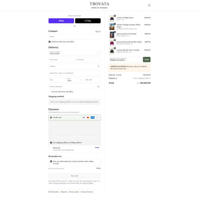 Trovata checkout page showing Trovata promo code box | Screenshot taken by SimplyCodes community member on Sep 13, 2025