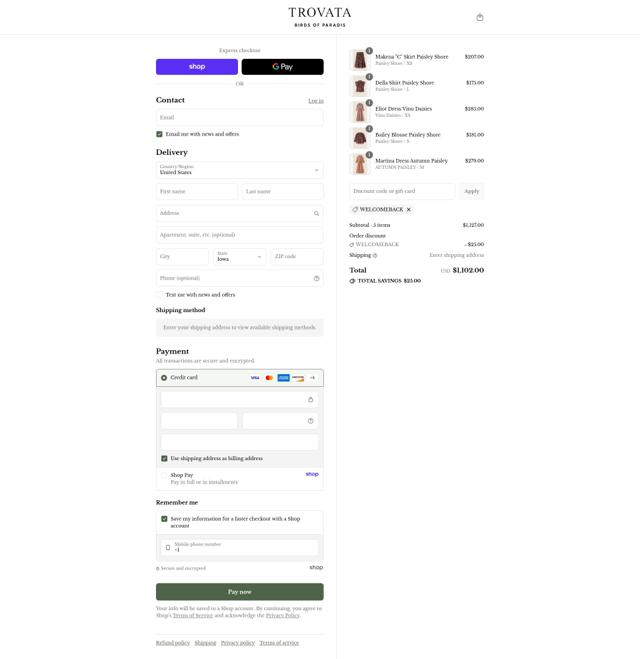 Trovata checkout page showing Trovata promo code box | Screenshot taken by SimplyCodes community member on Sep 1, 2025