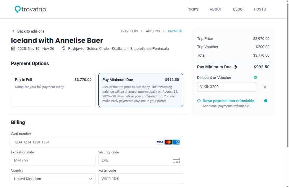 TrovaTrip checkout page showing TrovaTrip discount code box | Screenshot taken by SimplyCodes community member on Jul 15, 2025