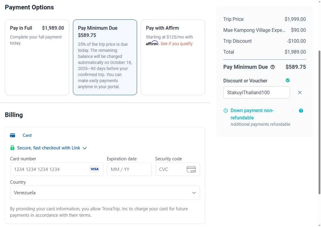 TrovaTrip checkout page showing TrovaTrip discount code box | Screenshot taken by SimplyCodes community member on Oct 11, 2025