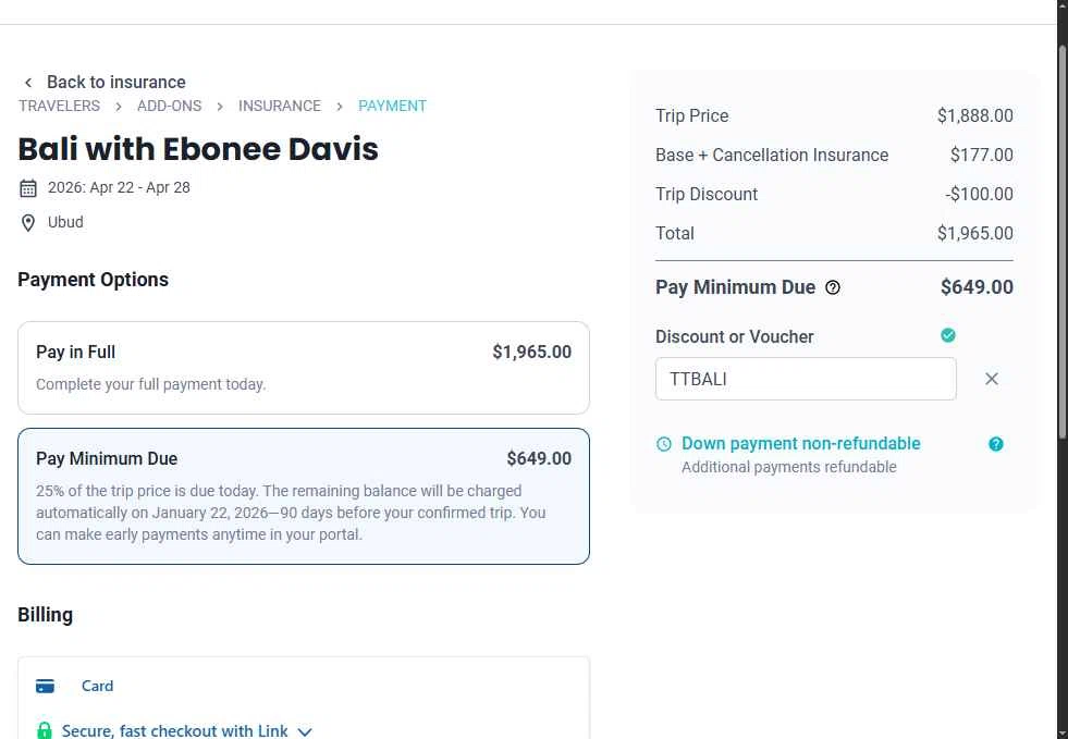 TrovaTrip checkout page showing TrovaTrip discount code box | Screenshot taken by SimplyCodes community member on Nov 29, 2025