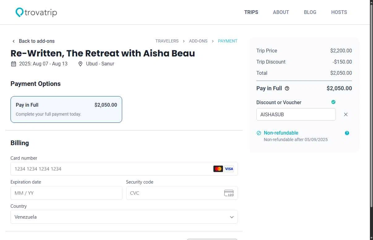 TrovaTrip checkout page showing TrovaTrip discount code box | Screenshot taken by SimplyCodes community member on May 22, 2025