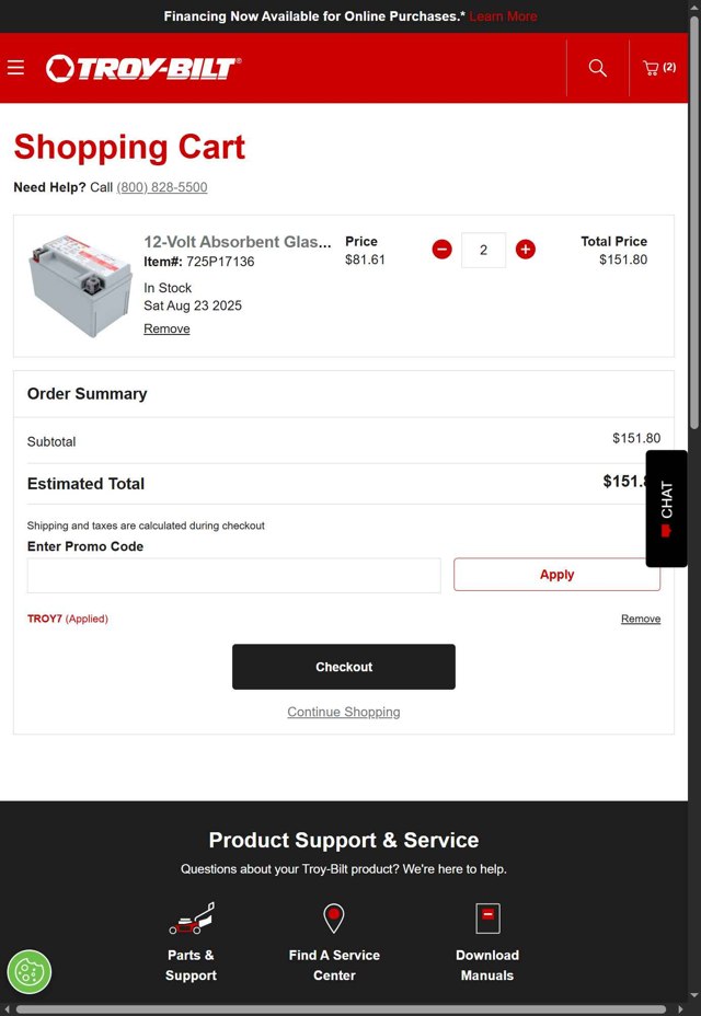 Troy-Bilt checkout page showing Troy-Bilt promo code box | Screenshot taken by SimplyCodes community member on Aug 23, 2025