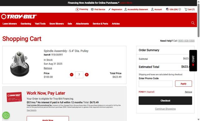 Troy-Bilt checkout page showing Troy-Bilt promo code box | Screenshot taken by SimplyCodes community member on Sep 1, 2025