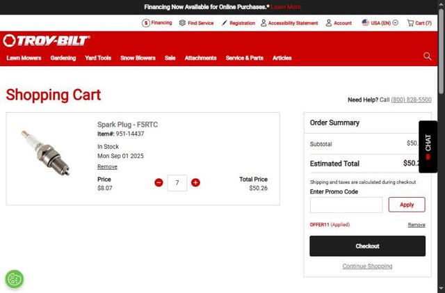 Troy-Bilt checkout page showing Troy-Bilt promo code box | Screenshot taken by SimplyCodes community member on Sep 1, 2025