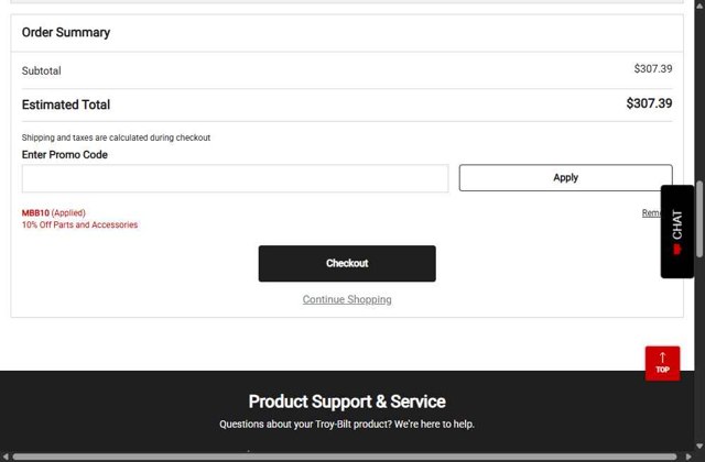 Troy-Bilt checkout page showing Troy-Bilt promo code box | Screenshot taken by SimplyCodes community member on Aug 31, 2025