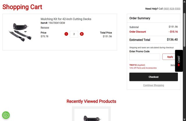 Troy-Bilt checkout page showing Troy-Bilt promo code box | Screenshot taken by SimplyCodes community member on Sep 1, 2025