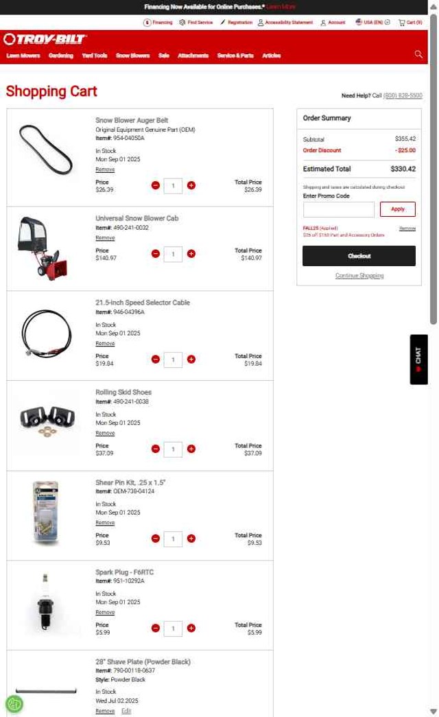 Troy-Bilt checkout page showing Troy-Bilt promo code box | Screenshot taken by SimplyCodes community member on Sep 1, 2025