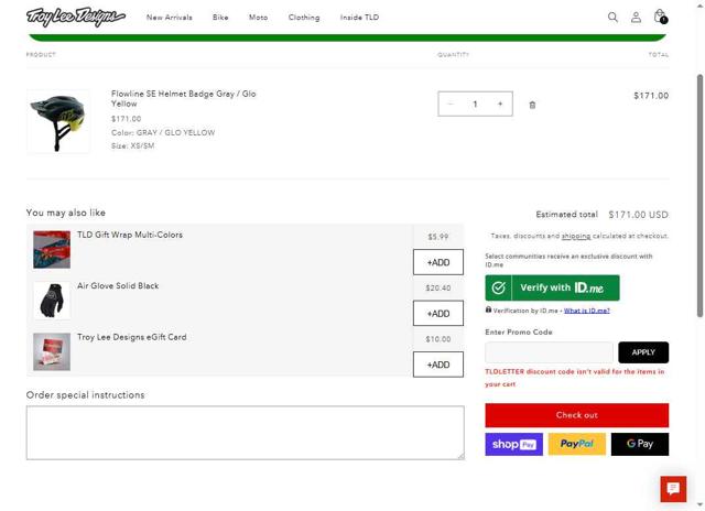 Troy Lee Designs checkout page showing Troy Lee Designs discount code box | Screenshot taken by SimplyCodes community member on Aug 30, 2025