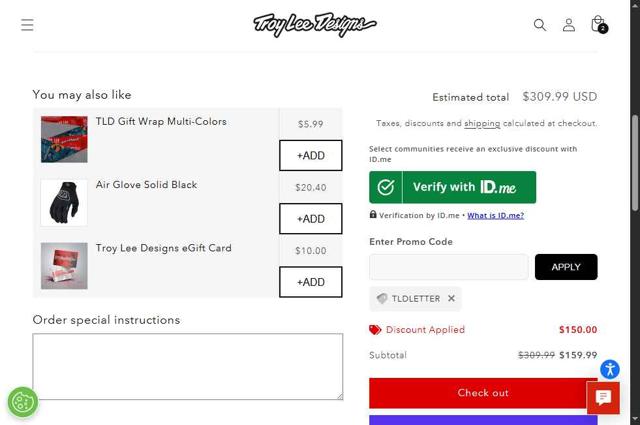 Troy Lee Designs checkout page showing Troy Lee Designs discount code box | Screenshot taken by SimplyCodes community member on Aug 4, 2025