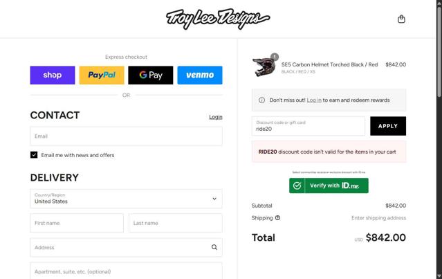 Troy Lee Designs checkout page showing Troy Lee Designs discount code box | Screenshot taken by SimplyCodes community member on Aug 30, 2025