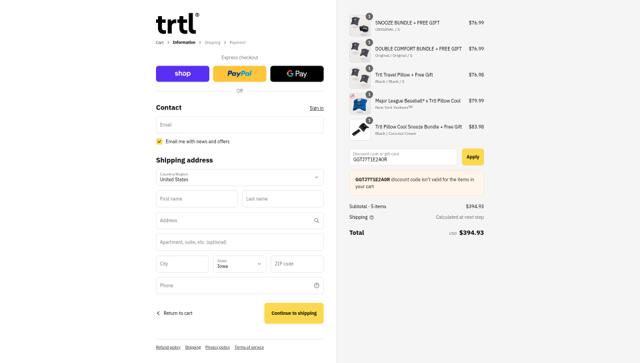 Trtl checkout page showing Trtl discount code box | Screenshot taken by SimplyCodes community member on Sep 13, 2025