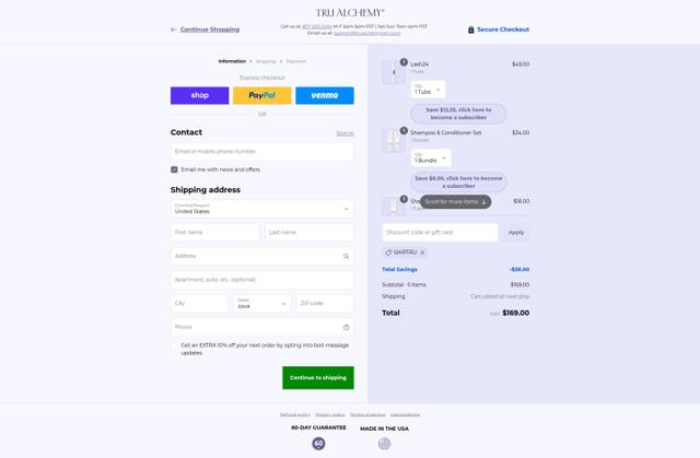 Tru Alchemy checkout page showing Tru Alchemy discount code box | Screenshot taken by SimplyCodes community member on Sep 13, 2025