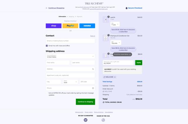 Tru Alchemy checkout page showing Tru Alchemy discount code box | Screenshot taken by SimplyCodes community member on Sep 10, 2025