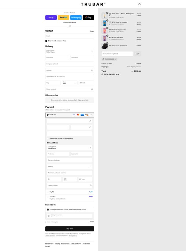TRUBAR checkout page showing TRUBAR discount code box | Screenshot taken by SimplyCodes community member on Sep 1, 2025