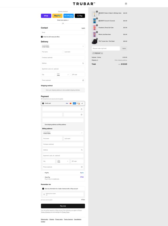 TRUBAR checkout page showing TRUBAR discount code box | Screenshot taken by SimplyCodes community member on Sep 1, 2025