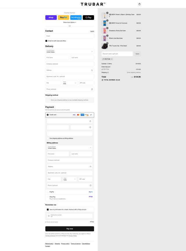 TRUBAR checkout page showing TRUBAR discount code box | Screenshot taken by SimplyCodes community member on Sep 5, 2025