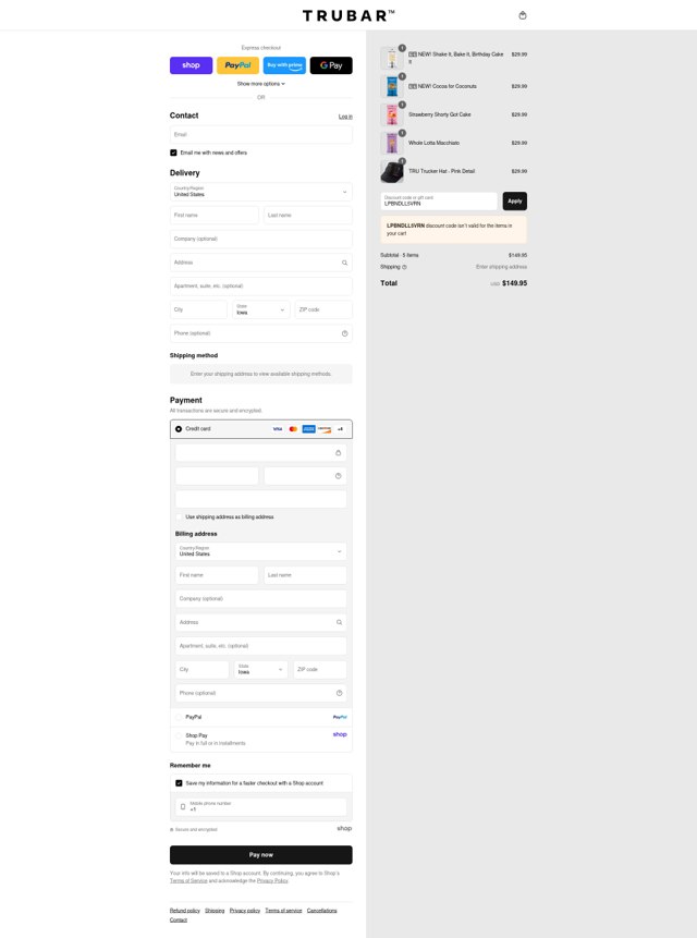 TRUBAR checkout page showing TRUBAR discount code box | Screenshot taken by SimplyCodes community member on Sep 5, 2025
