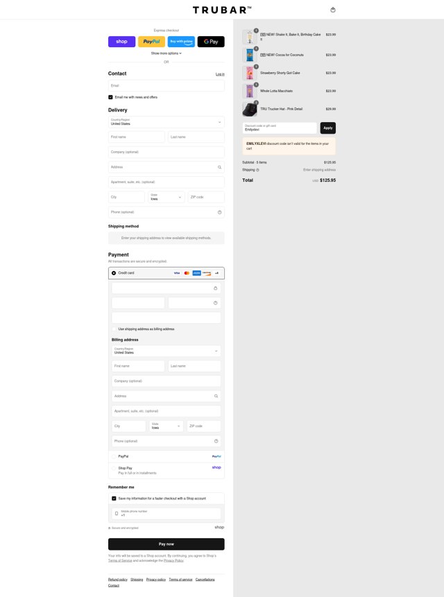 TRUBAR checkout page showing TRUBAR discount code box | Screenshot taken by SimplyCodes community member on Sep 1, 2025