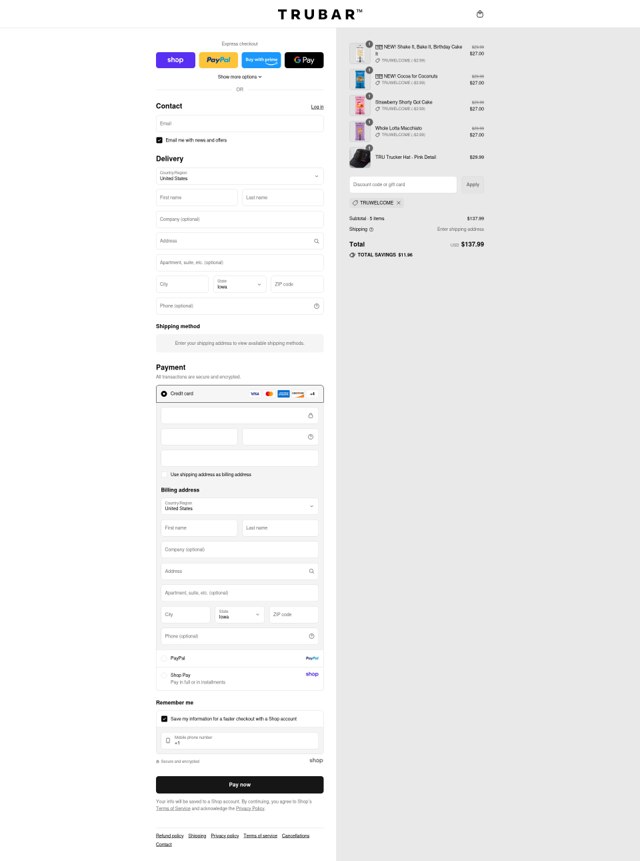 TRUBAR checkout page showing TRUBAR discount code box | Screenshot taken by SimplyCodes community member on Sep 5, 2025