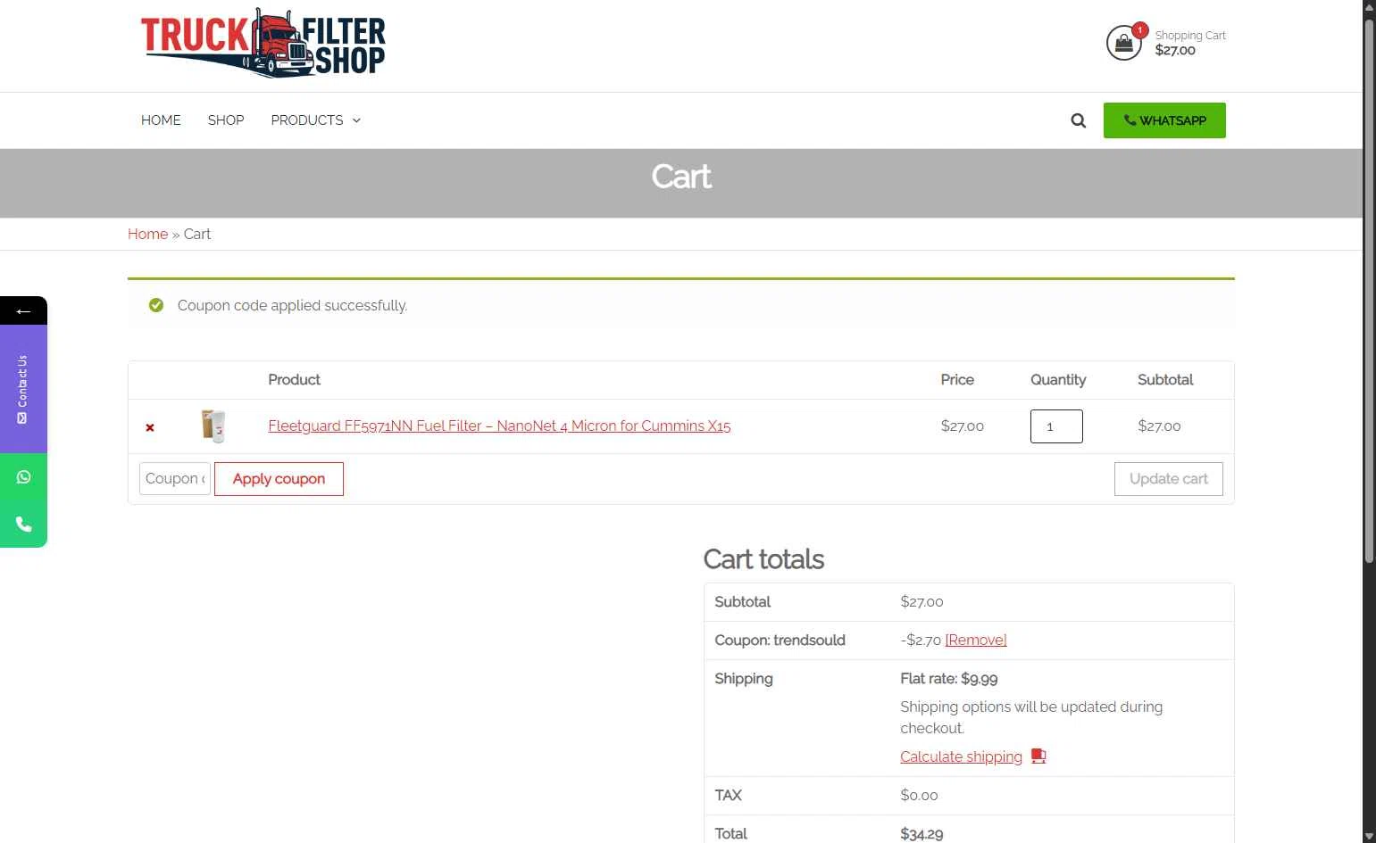 Truck Filter Shop checkout page showing Truck Filter Shop promo code box | Screenshot taken by SimplyCodes community member on Sep 23, 2025