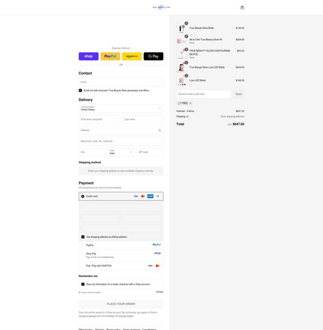 True Beauty Glow checkout page showing True Beauty Glow discount code box | Screenshot taken by SimplyCodes community member on Sep 11, 2025