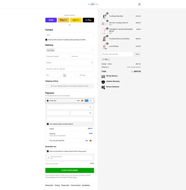 True Beauty Glow checkout page showing True Beauty Glow discount code box | Screenshot taken by SimplyCodes community member on Sep 15, 2025